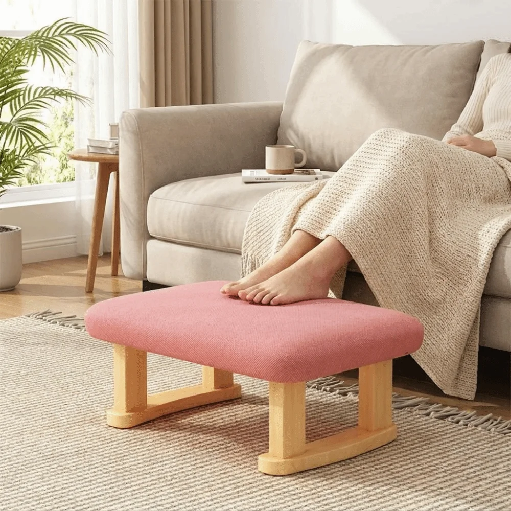 Smooth Solid Wood Foot Stool Rounded Edges Burr-Free Edges Foot Rest Anti-Slip Pads Stable Support Legs Multi-Purpose Stool
