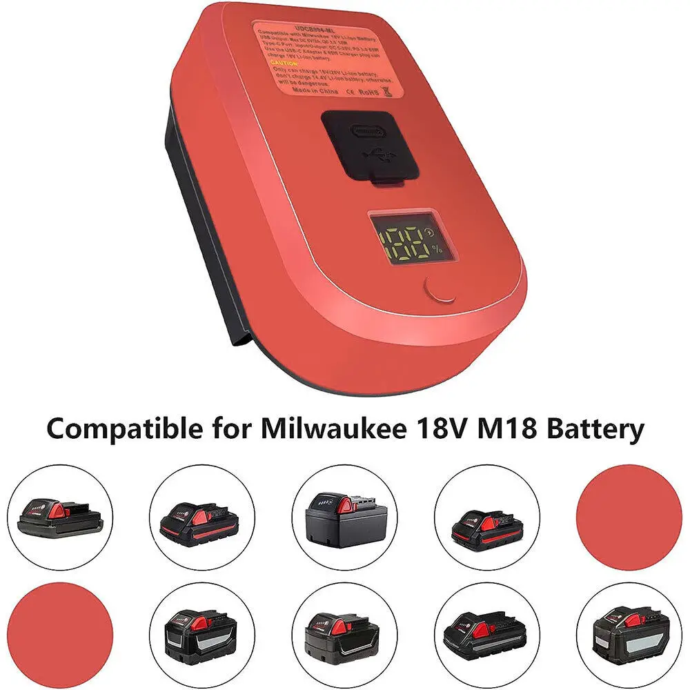 65W Portable Fast Charger for Milwaukee 18V M18 Li-Ion Battery Output QC 3.0 USB + Type C Port Charge/Discharge Function Adapter
