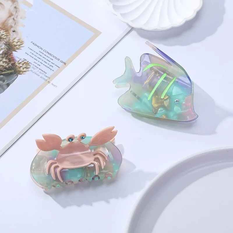 

New Flash Crab Small Fish Hair Claw Acetate Rhinestone Ocean Claw Clip Cute Cartoon Shark Clip for Women Girls Hair Accessories