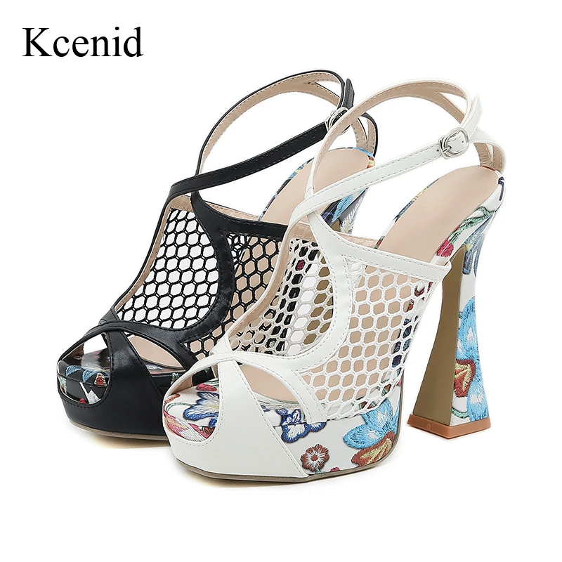 

Kcenid New Design Mesh Sexy Flowers Women Shoes Chunky Heel Buckle Strap Nightclub Party Super High Heels Sandals Peep Toe Pumps