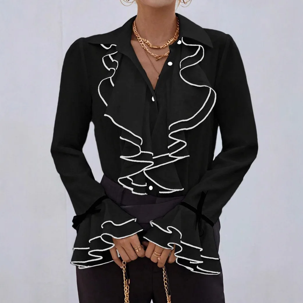 แฟชั่น Ruffled Splicing เสื้อผู้หญิงเสื้อแขนยาว Office Lady สีดําเปิดลงปกเสื้อลําลอง Blusas