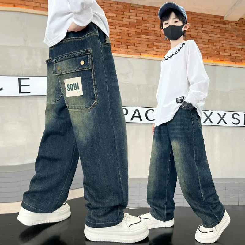 Boys Denim Pants Spring and Autumn 2025 New Teenager Children Loose Straight Jeans Boys American Handsome Wide-leg Pants