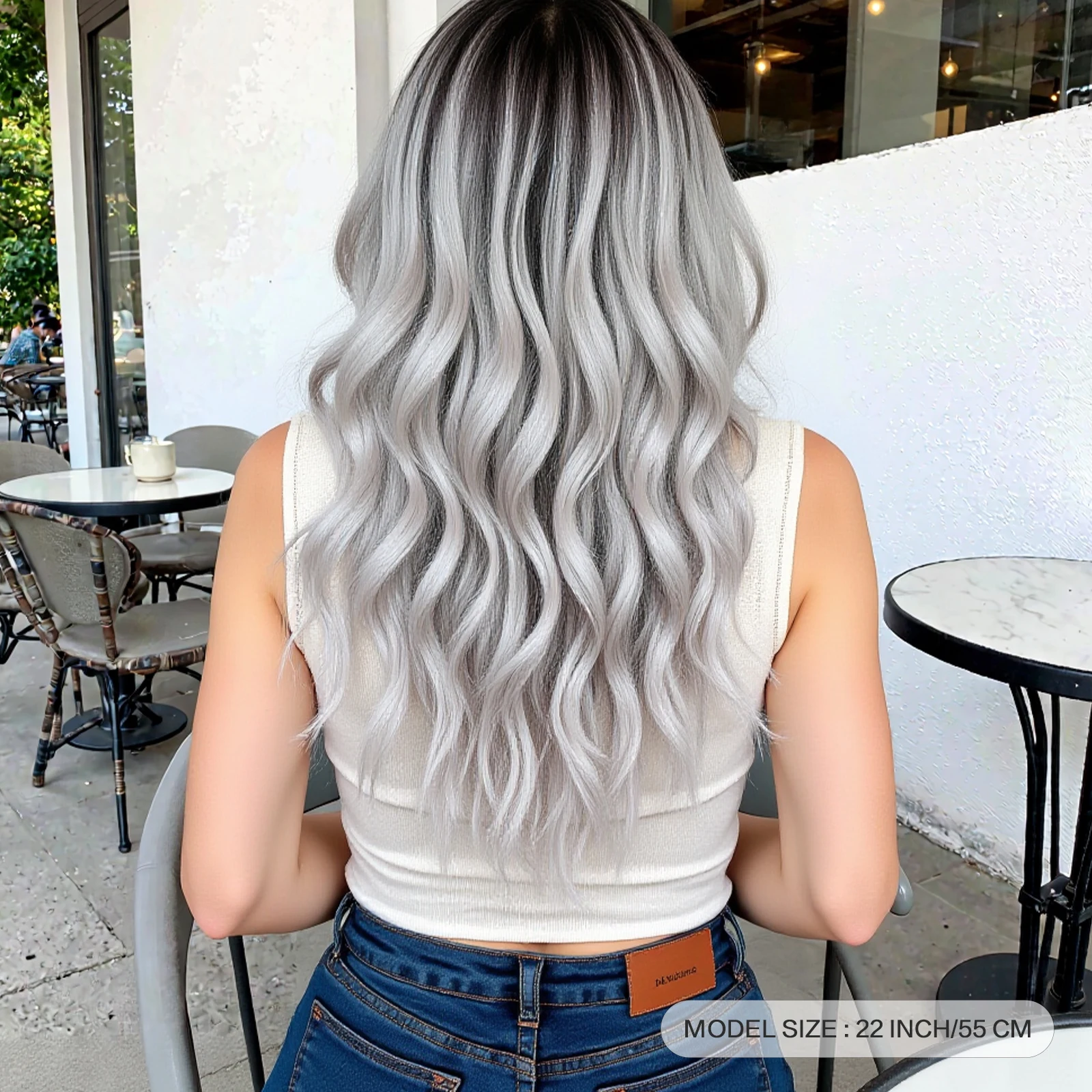 Long Water Wave Synthetic Wigs Silver Gray Ombre Wig Loose Wave Medium Part Hair For Women Daily Cosplay Party Heat Resistant