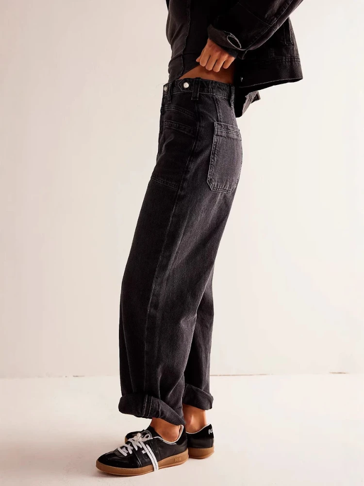 Women Floor Length Pant Denim Jeans Wide Leg Pants Y2k Streetwear High Waist Straight Trousers Elegant Mom Jeans 2025 Spring