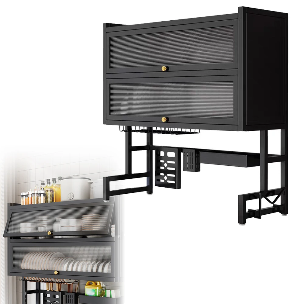 Grand support de rangement de vaisselle multicouche avec porte d'armoire, support anti-poussière de séchage et de Drainage de plats de comptoir de cuisine Stable