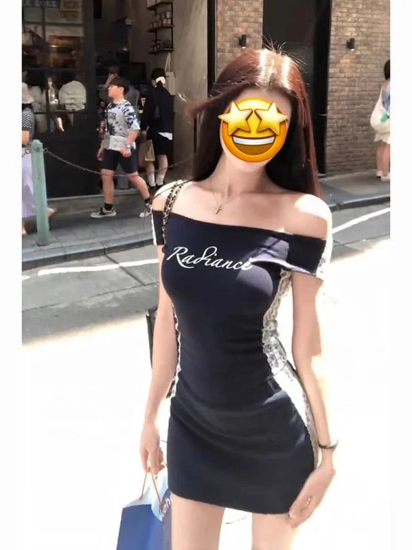 

Spicy Girl Lace Patchwork Short Sleeve T-Shirt Women's Summer Design Waist-Cinching One-Shoulder Top Half-Skirt Two-Piece Set