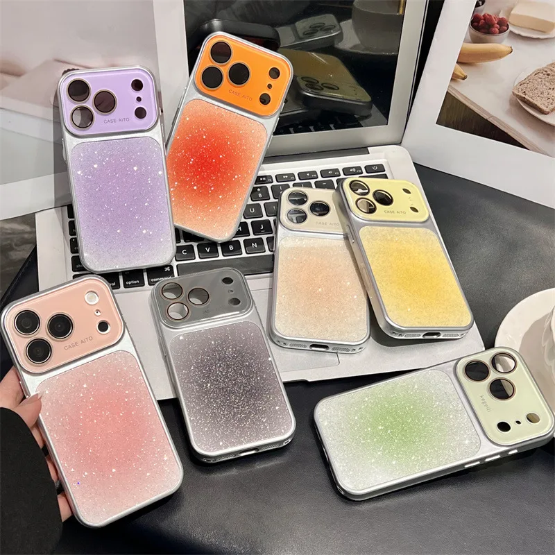 Luxury Gradient Glitter Large Window Phone Case For iPhone 17 Air 16 15 14 13 12 Pro Max Camera Lens Proteciton Shockproof Cover