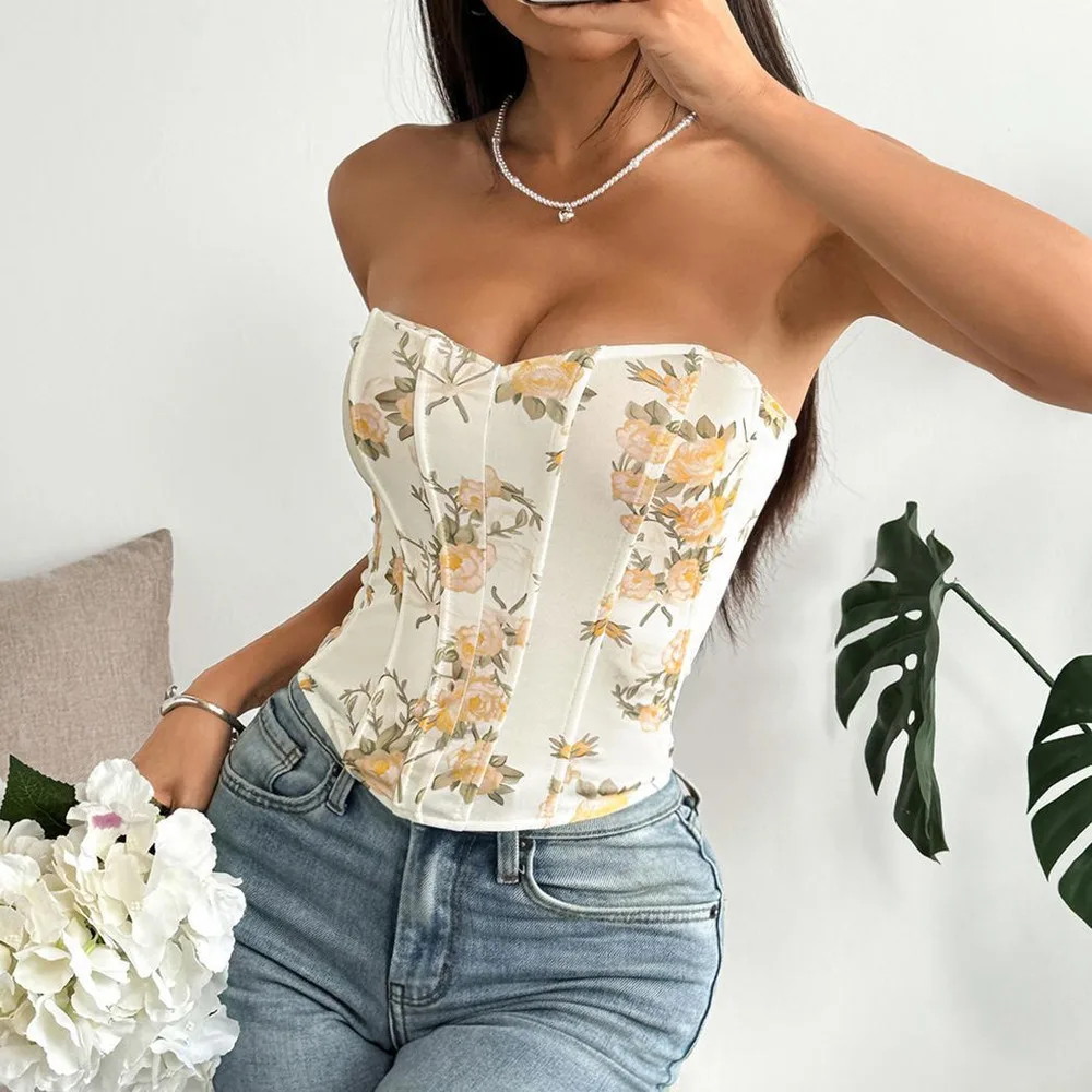 

Sexy Floral Print Bustier Corset Top for Women Low Cut Backless Summer Crop Top with Bone Straps Y2K Fashion Wear
