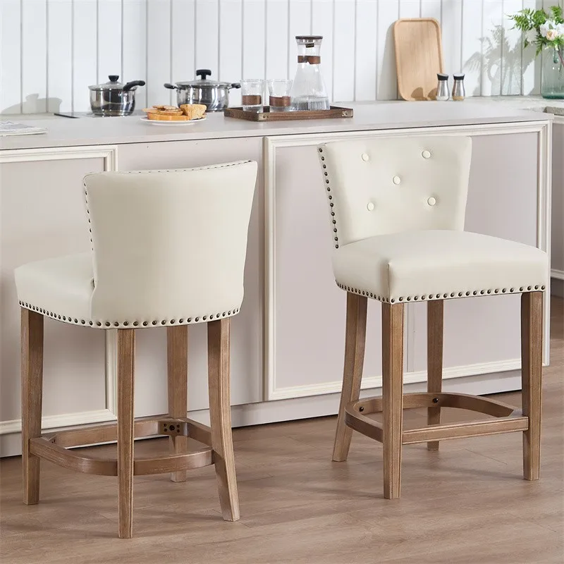 

Set of 2 Bar Stools,Seat Height 26'' Leather Upholstered Wooden Bar Stools,Beige