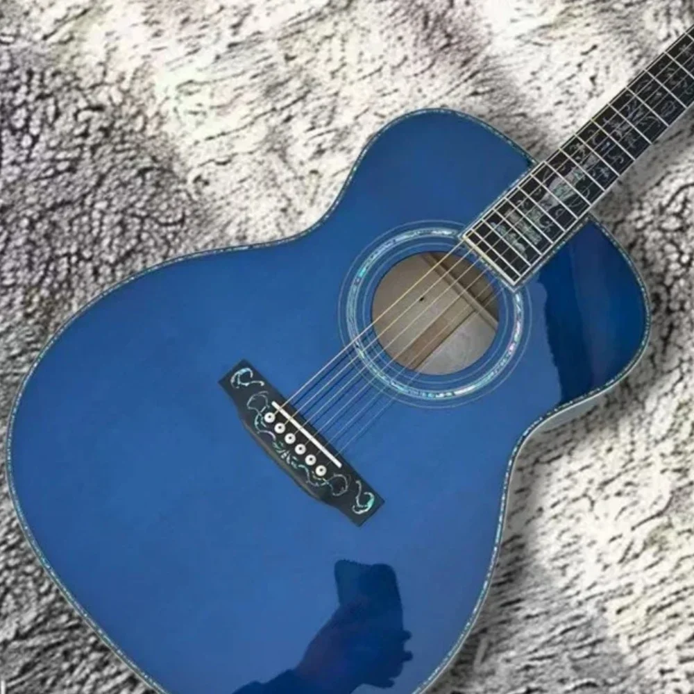 Hot sale Sky Blue OM45 Acoustic Guitar Solid Top Profile Blue Glossy Picea Asperata Body Ebony Neck 40 Inch Beginner