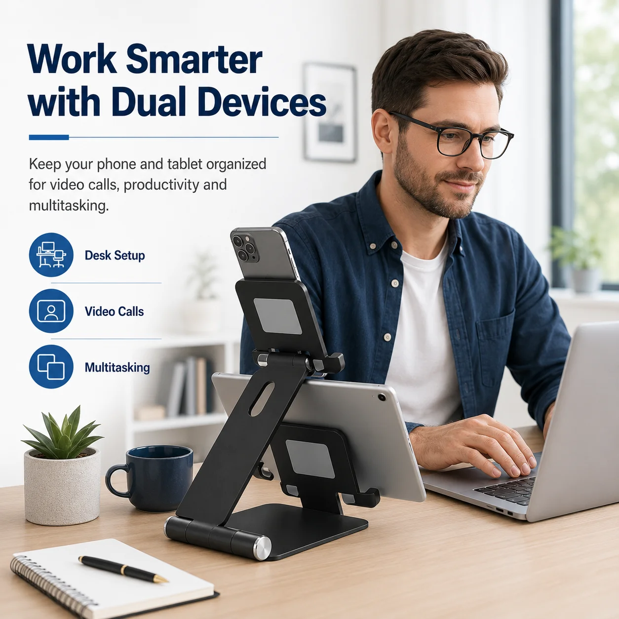 Aluminum Dual Layer Phone Tablet Stand, Foldable Adjustable Desktop Holder for Smartphone & iPad