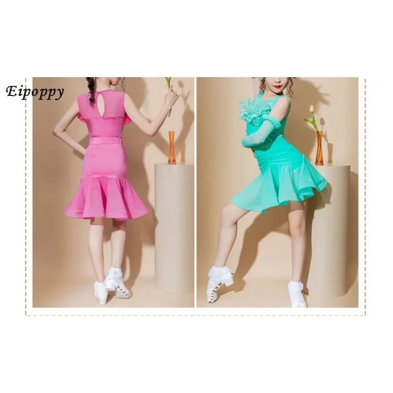 여아 라틴 댄스 의상 메쉬 연습복 어린이 공연 의상