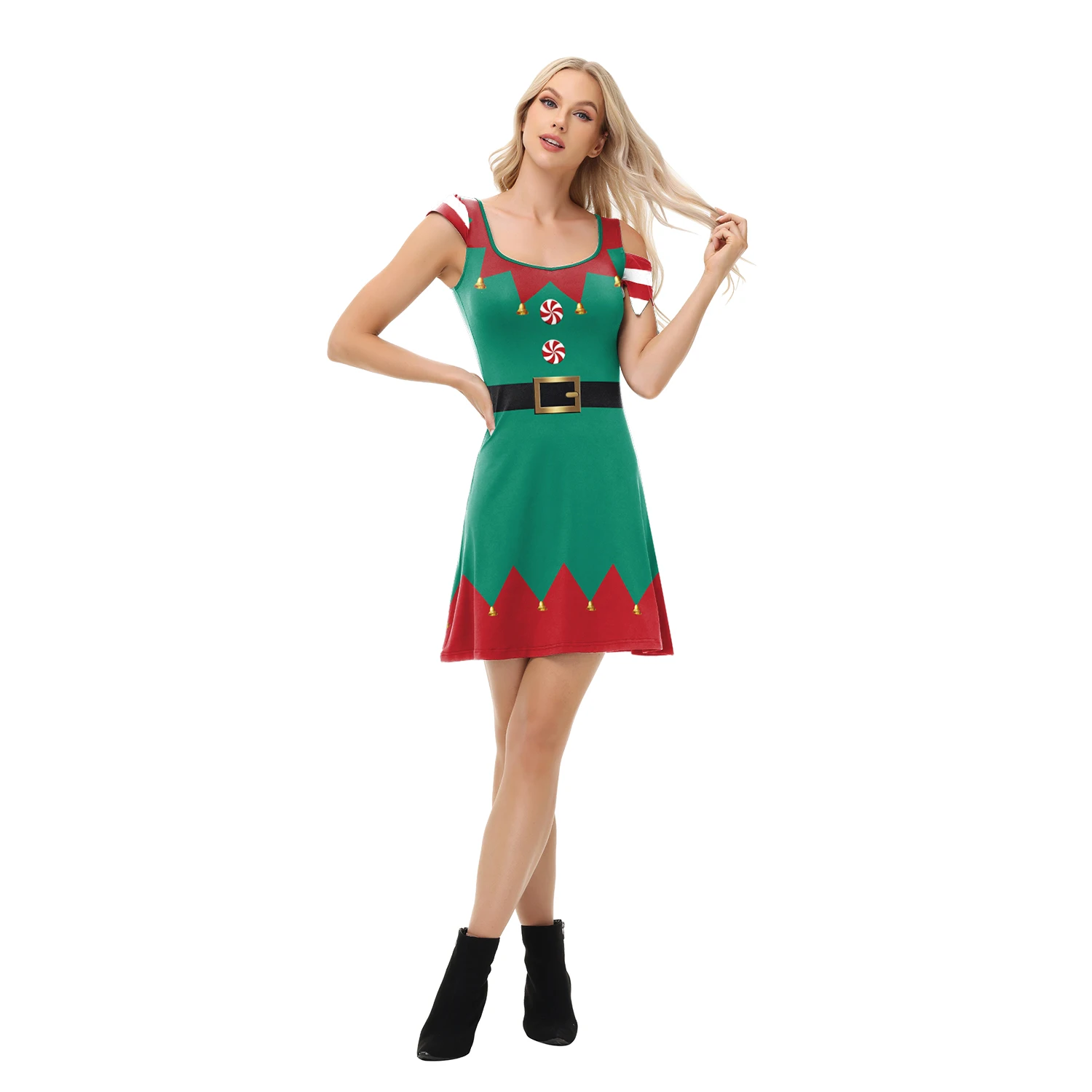 Zawaland Christmas Elf Costume Set Women Dress Leggings Couple Cosplay Santa Costume Man Xmas Elf Outfit Hat Shoes Cover