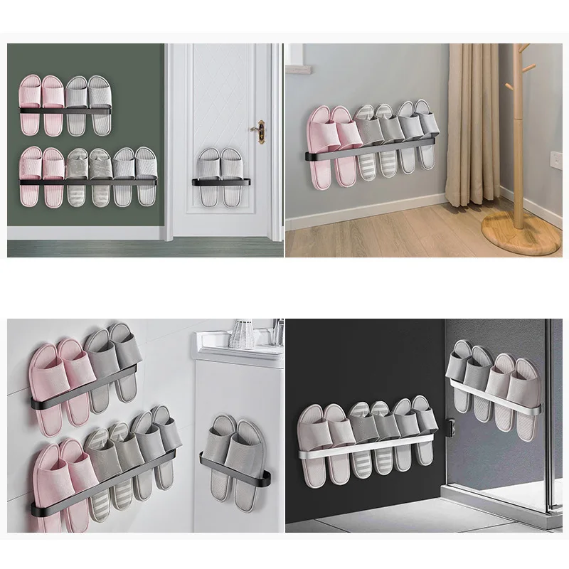 Free Punch Aluminum Slipper Rack Wall Mount Bathroom Bedroom Shoe Hanging Holder Organizer Toilet Wall Door Towel Storage Shelf