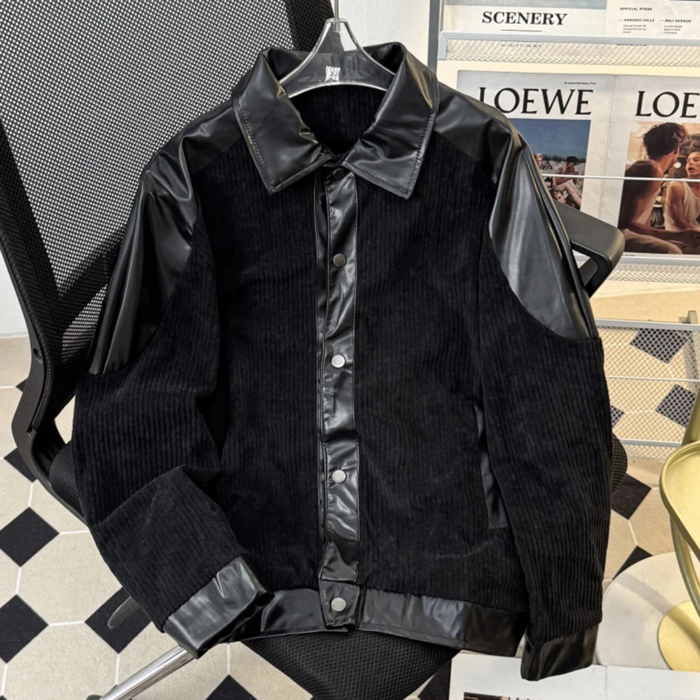 

Corduroy Patchwork PU Leather Jacket Men's Autumn Casual Lapel Collar Single-Breasted Fashion Windproof Outerwear Coat Male Tops