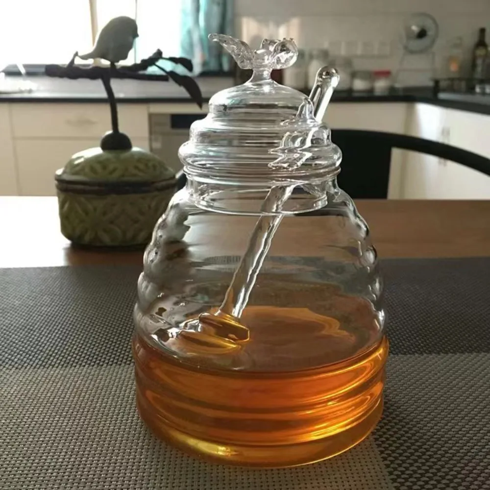 Transparent Honey Storage Tanks 8.11 Ounces Honey Jar with Dipper and Lid Glass Beehive Honey Pot Honey Containers Holder