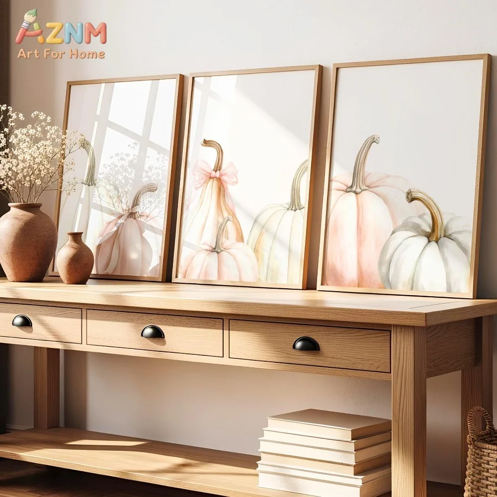 AZNM 3Pcs Soft Pink White Pumpkin Canvas Wall Art, Pastel Fall Watercolor Print Frameless Canvas Painting,