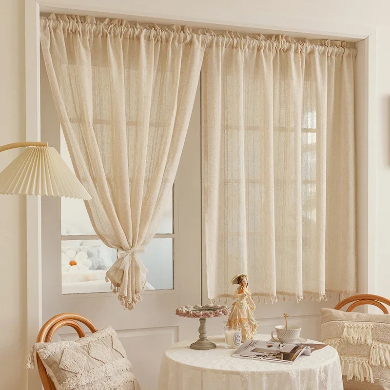 

Beige Linen Curtains Rod Pocket Primitive Burlap Lightweight Semi Sheer Short Curtains for Small Window Bedroom Bathroom 1 Panel