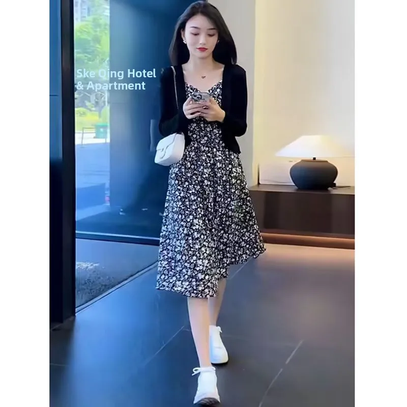 Spring Summer Floral Print Long Sleeve Women's Dress Pest Cloth Apron Two-Piece Set Casual Sportswear Three-Piece Set