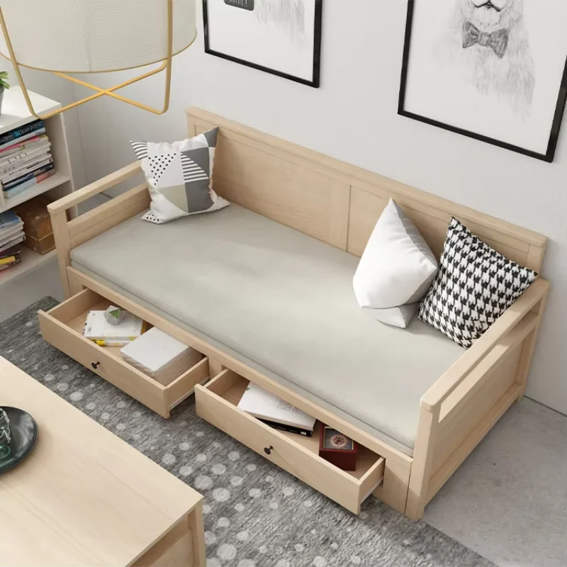 Wood Sofa Bed, Pull Out Sleeper Couch with 2 Drawers Foldable Day Cama Living Room Furniture