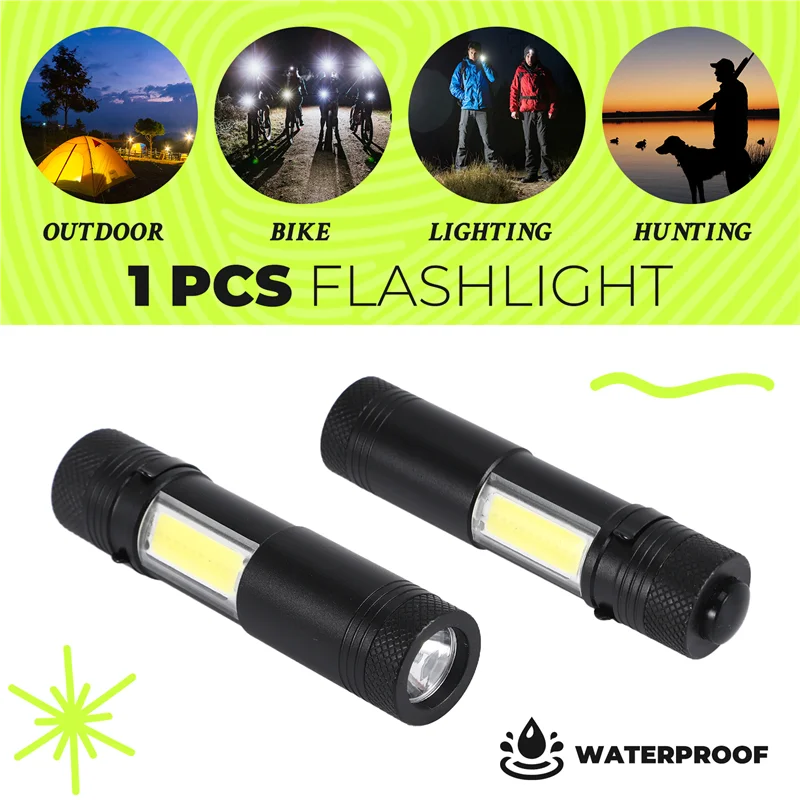 Новый мини-портативный алюминиевый светодиодный фонарик Q5 XPE & COB, рабочий фонарь Lanterna, мощный фонарик-ручка, 4 режима использования 14500 или AA-A05I