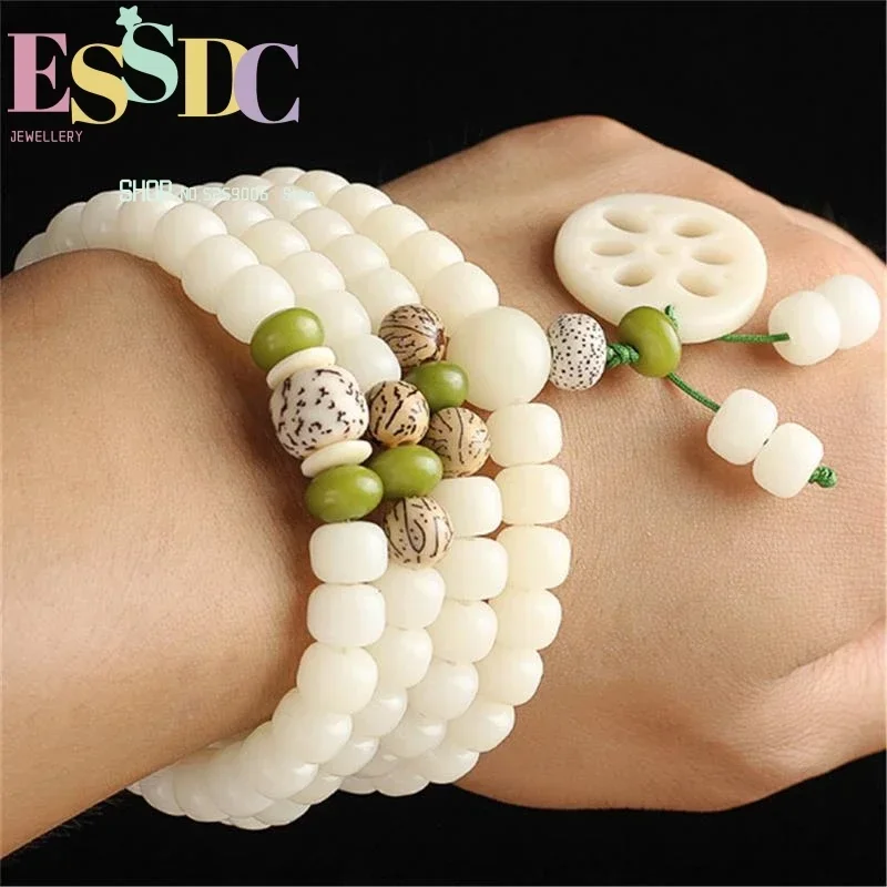 New Style Natural White Bodhi Root Buddhist 108 Mala Bucket Beads Bracelet with Lotus  Slices Pendant for Men &Women Jewelry