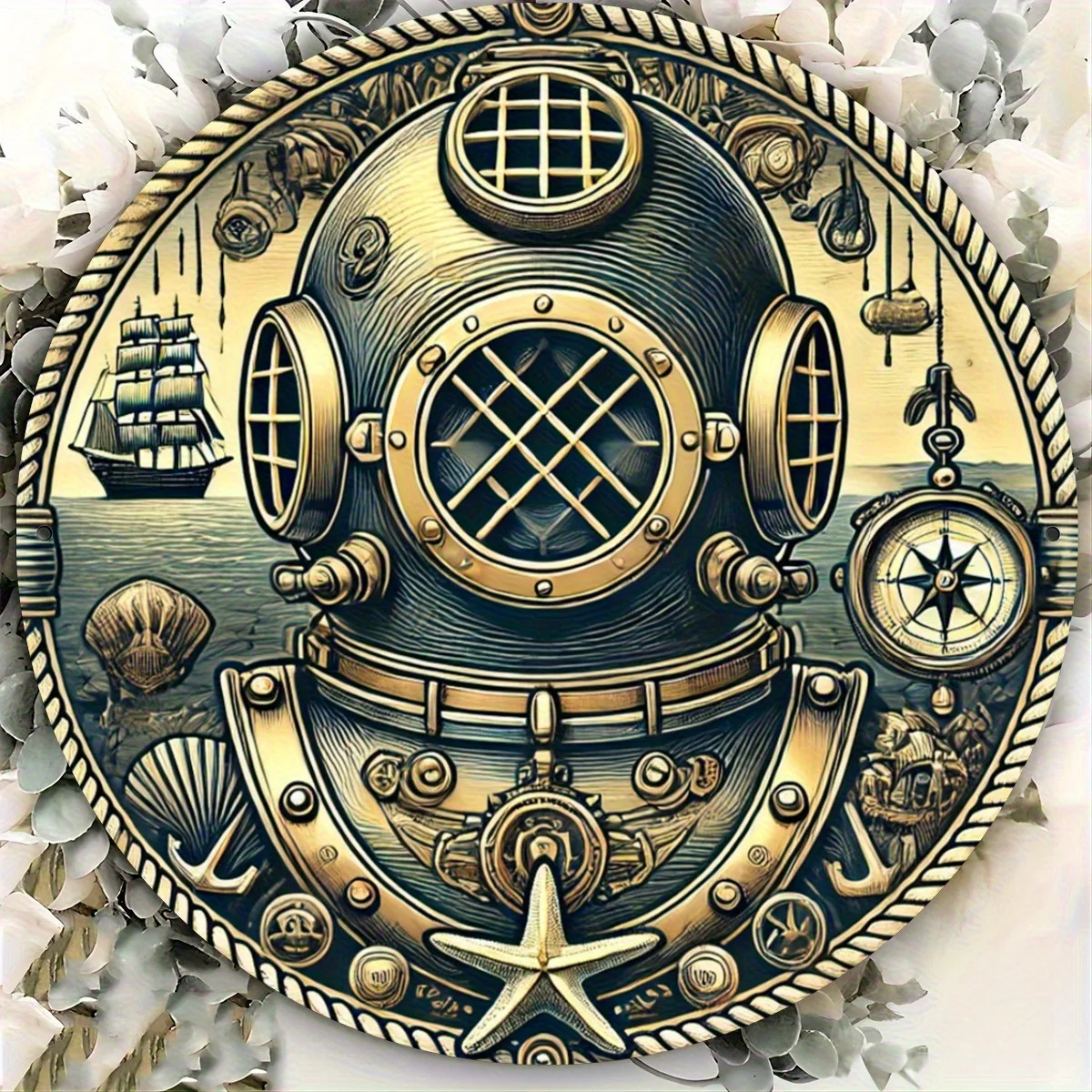 2D Flat, 1pc Vintage Nautical Diver Helmet Metal Wall Art Sign - 20x20cm (8
