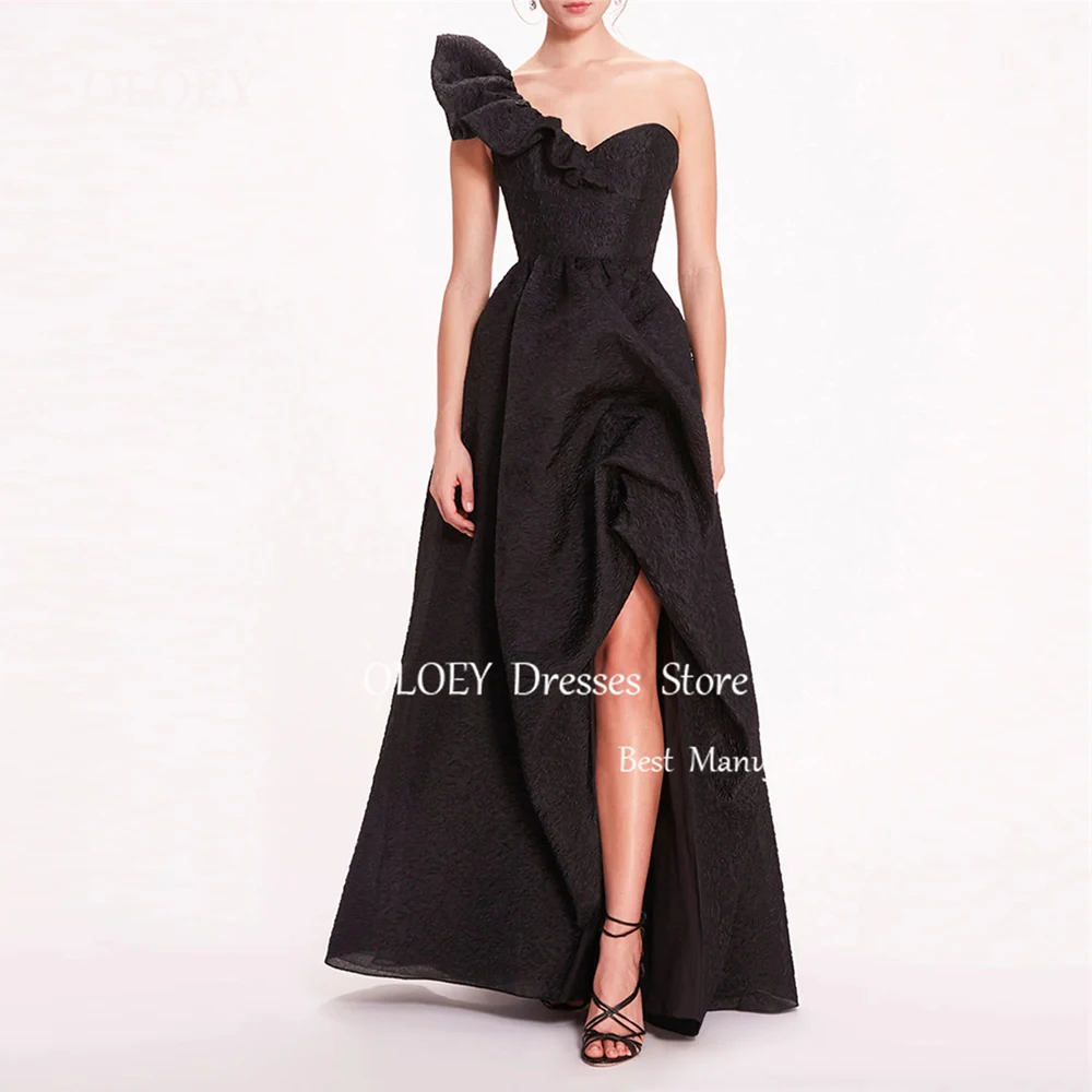 

OLOEY Black One Shoulder Evening Dress Customized Sweetheart Party Dress Sleeveless Side Slit Pleats Women Long Prom Gowns