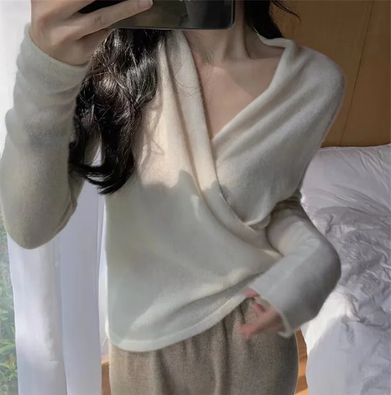 Women's V-Neck Cashmere Sweater Bottom Coat Bottom Coat 100% Pure Wool Loose, Cross Collar, High Quality, Female, Autumn, Winte