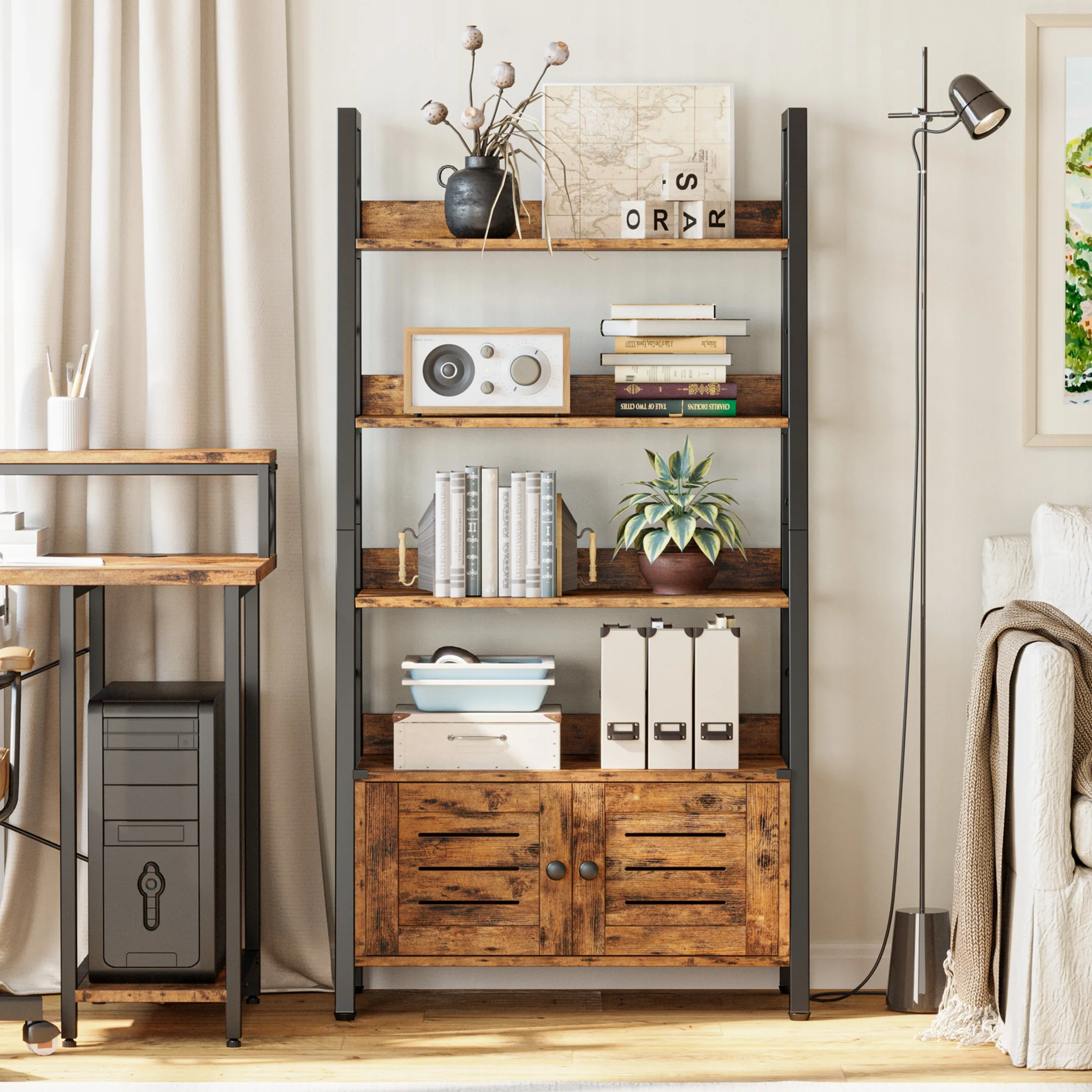 IRONCK Bookshelf with Louvered Doors, 3-Tier Ladder Shelf with Cabinet Industrial Accent Furniture for Bedroom Living Room Home