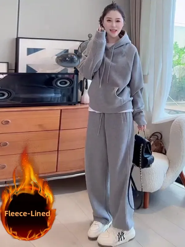 

2026 Winter Thickened Fleece Lined Loose Casual Sportswear Set Women's Hoodie Wide Leg Pants Two Piece Set Korean Style