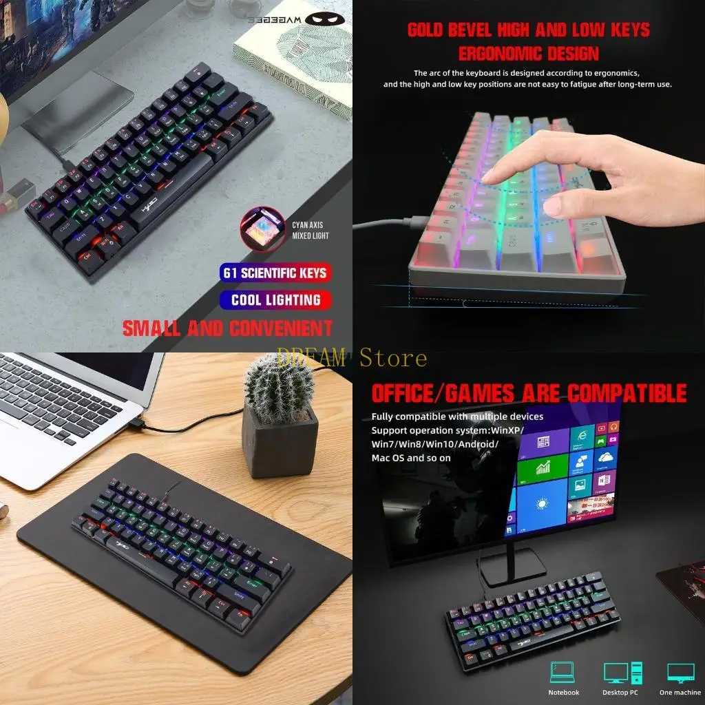 RGB Backlit Ultra-Compact Mini Keyboard 61 for Key USB Keyboard for PC Gam best sale