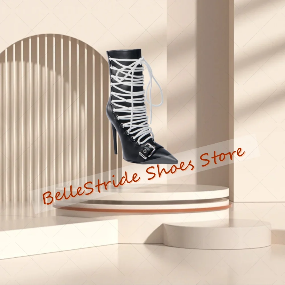 Black Back Zipper Lace up Boots Matte Leather Women Shoes Stilettos High Heels Party Banquet Dating 2025 Zapatos Para Mujere