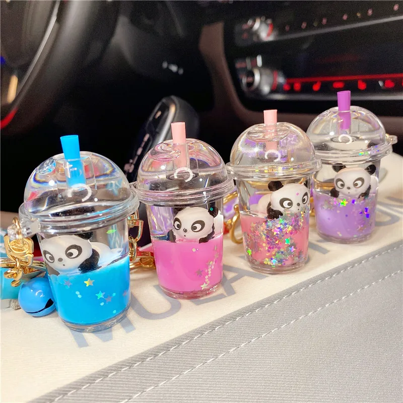 

3pcs Creative Cute Panda Milk Tea Cup Floating Bottle Key Chain Girl Heart Quicksand Sequins Liquid Keyring Bag Hanging Ornament