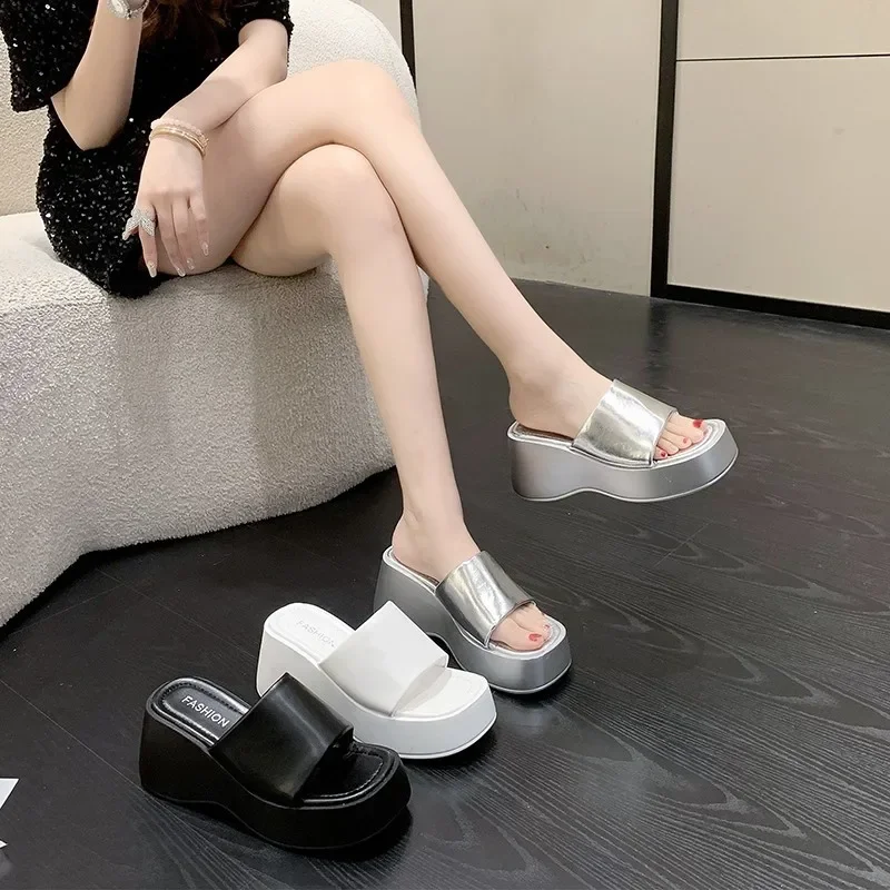 Japanese Style Women\'s Sandals Casual Summer Fashion Silver Wedges Shoes 5cm-8cm High Platform Sandals 2023