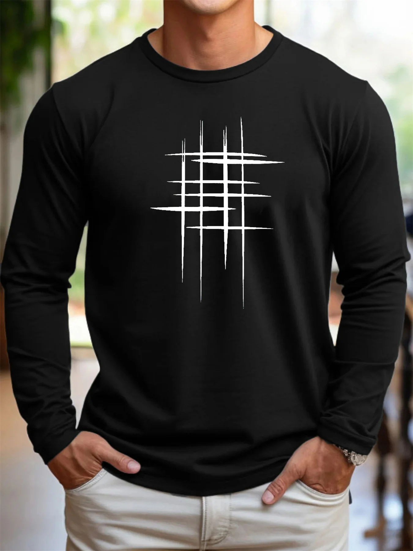 Camiseta de manga larga con cuello redondo y estampado de líneas creativas para deportes y ocio, cómoda, holgada, 100% algodón puro para hombre