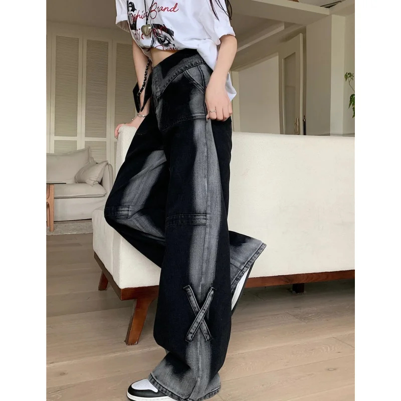 Black Women Jeans Gradient Streetwear Vintage Fashion Y2K High Waisted Wide Leg Jean Female Trouser Hip Hop Baggy Denim Pants