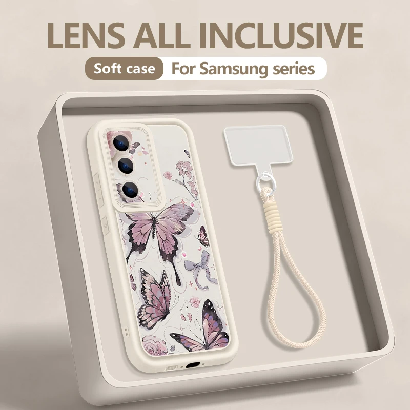 Wrist Lanyard Phone Case For Samsung Galaxy S26 S24 S25 Ultra S23 S25 FE A57 A17 A56 A16 A55 A54 A15 A25 Butterfly Print Cover
