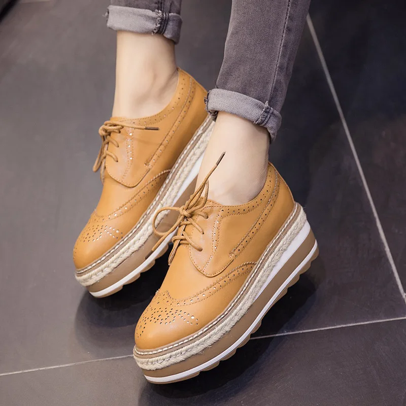 Women Loafers Shoes Leather Thick Heels Oxford Shoes Female Lace Up British Style Lady Formal Bullock Shoes Platform Espadrilles