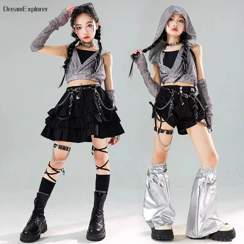 Ensemble de vêtements K-pop Sequin Crop Hoodies pour filles, Streetwear pour enfants, Short de danse de rue, Pantalon cargo en cuir PU, Jupes Hip Hop Jazz, Vêtements pour enfants