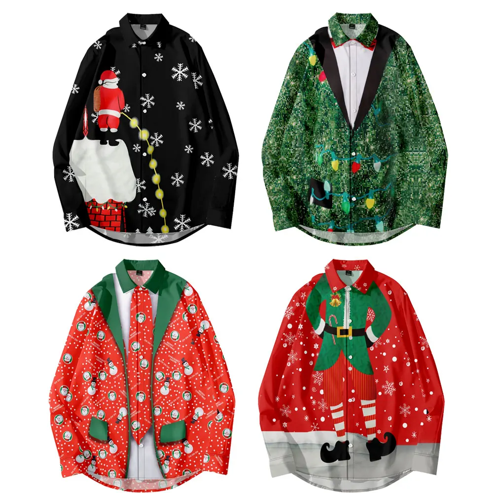 

Christmas Button Up Shirt for Men Fun Printed Casual Long Sleeve Hawaiian Santa Shirt