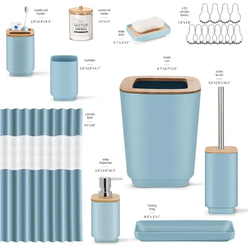 Zubehör-Set, blaues Set, 24-teiliges Badezimmer-Zubehör-Set mit Duschvorhang, Mülleimer für Zubehör