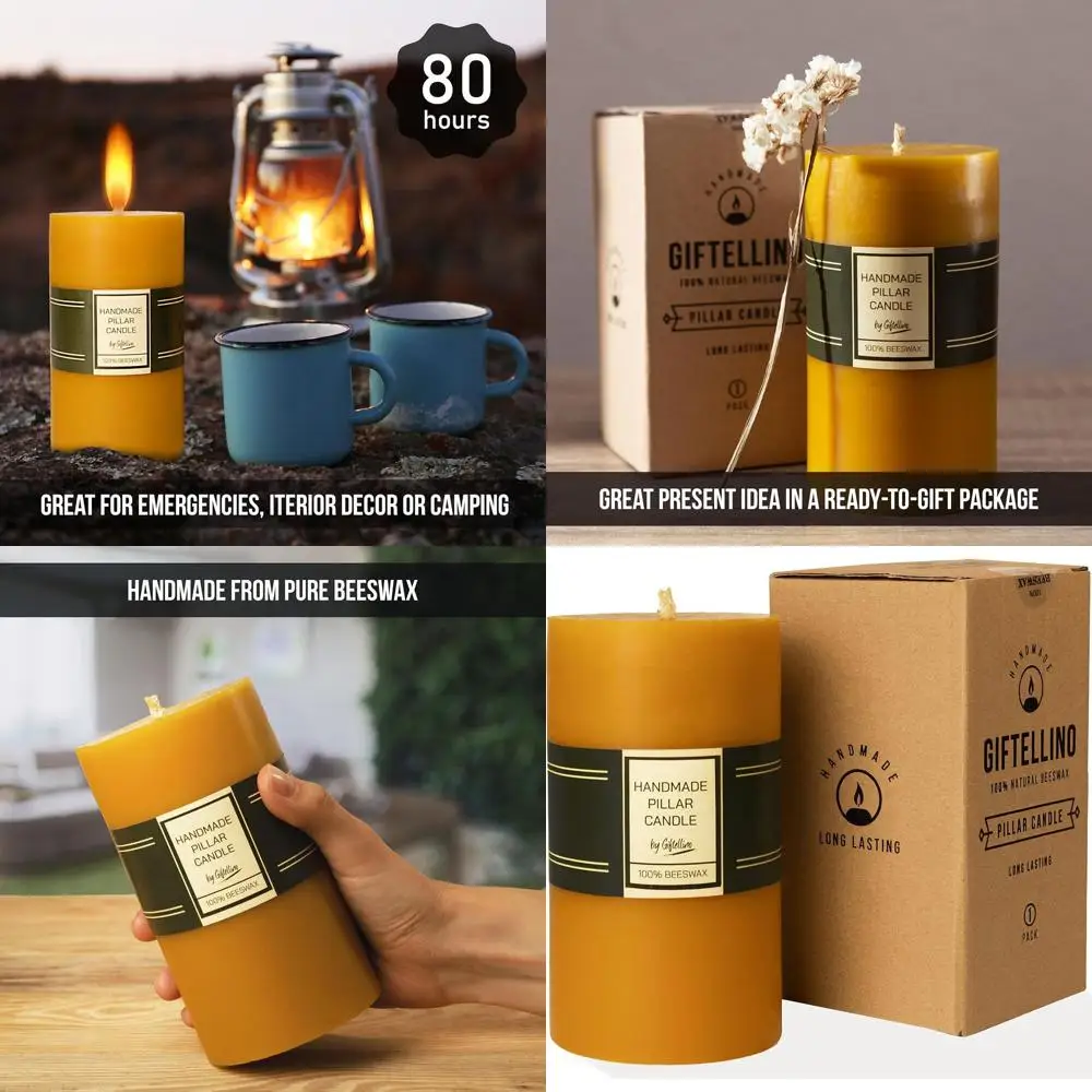 

Extra Large Pure Beeswax Pillar Candle - 80 Hours Lasting - 100% Pure Beeswax and Cotton Wick - Unscented Candle for Emergencies