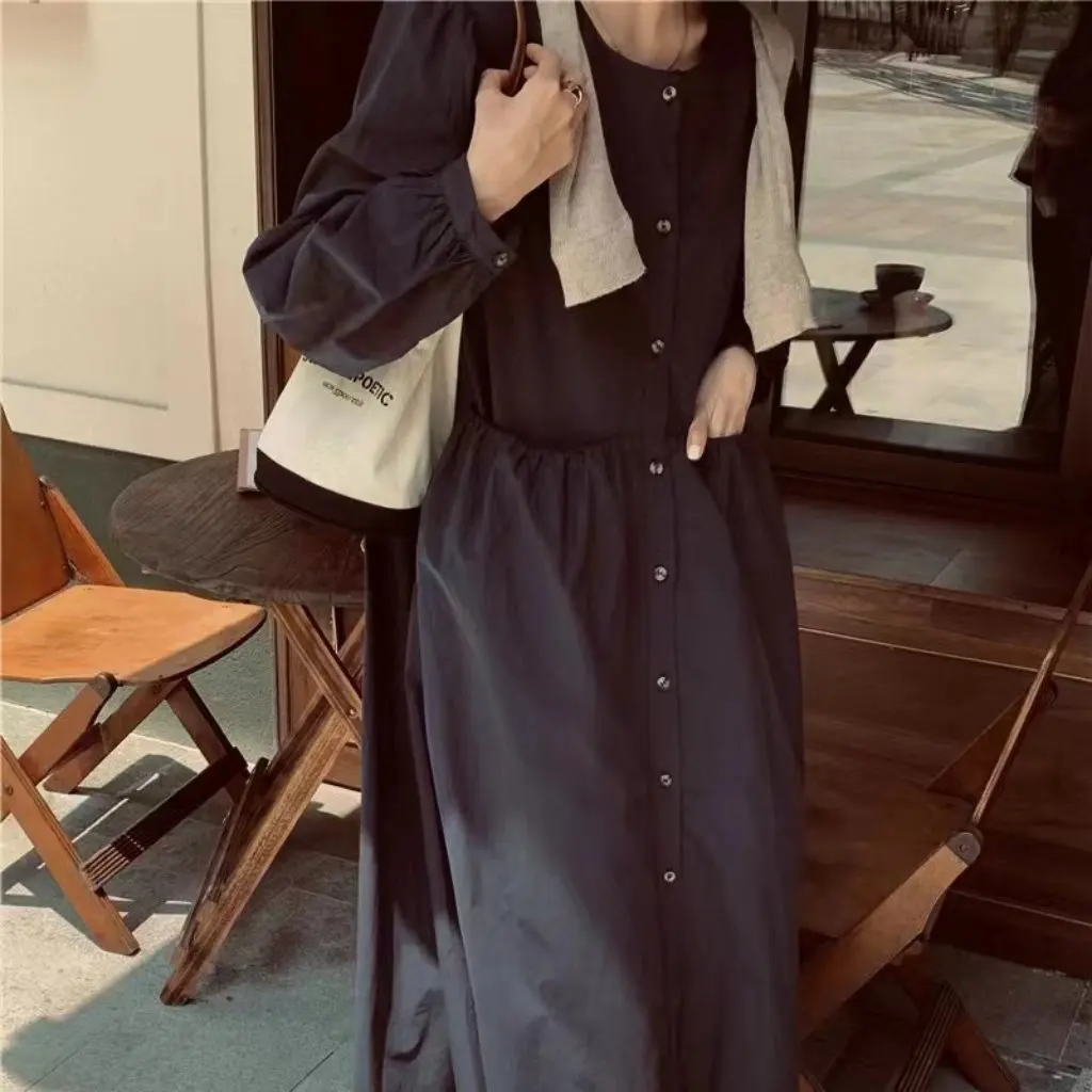 Hoge taille effen kleur lange shirtrok Koreaanse chique literaire single-breasted dames plus size jurk