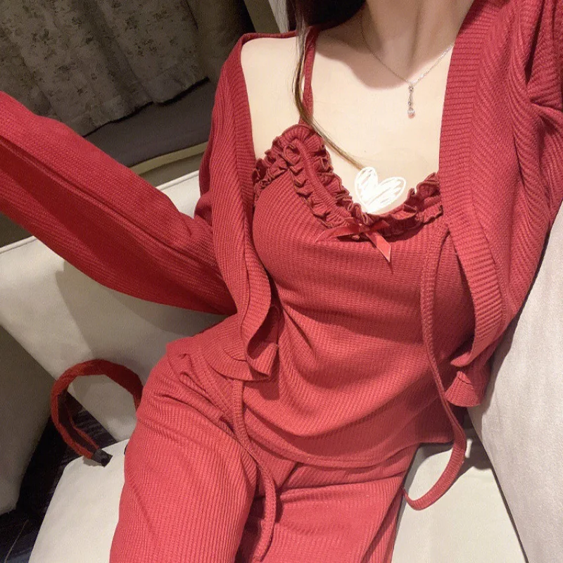 

Red Bride Pajamas Set New Modal Sexy Three Pieces Sleepwear Suit Long Sleeve Pyjamas Women Home Clothing Pijama Feminino Inverno