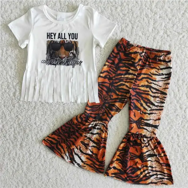 

2022 Hot Selling RTS Baby Girls Hey All You Whiter Tiger Shirt Leopard Print Pants Bell Bottoms Outfits Kids Cute Sets Fashion