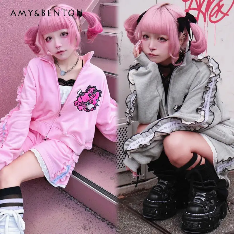 

Japanese Subculture Cartoon Embroidery Ruffle Edge Long-sleeved Hooded Zipper Jacket Elastic Waist Shorts Two-piece Set Women