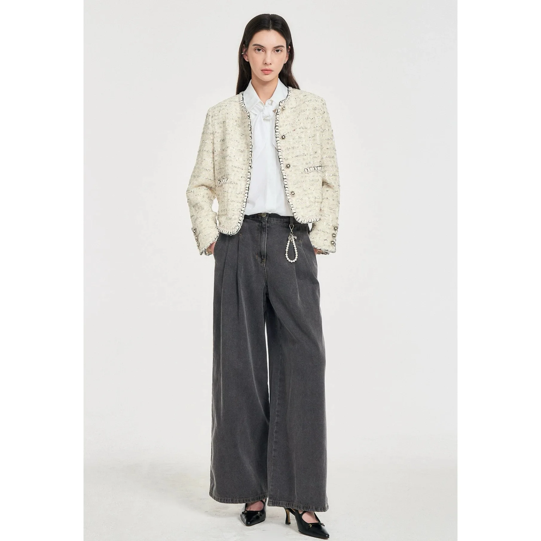 الجلود الجبن OBZ25 الخريف عارضة Faion مزدوجة الوجهين مطوي فضفاض مستقيم الساق واسعة الساق الجينز عالية الخصر سستة Sle