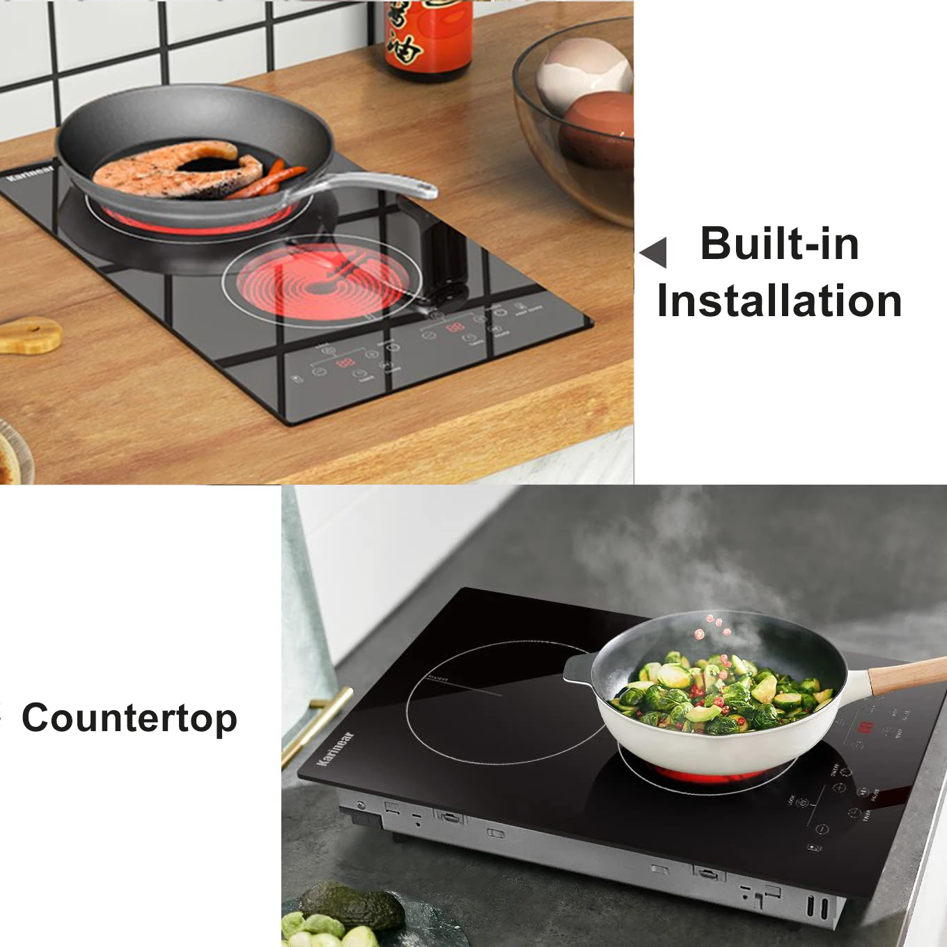 Karinear 2 Burners Electric Cooktop, 120v Plug in Ceramic Cooktop, 12 Inch Countertop & Built-in Electric Stove Top with Child S