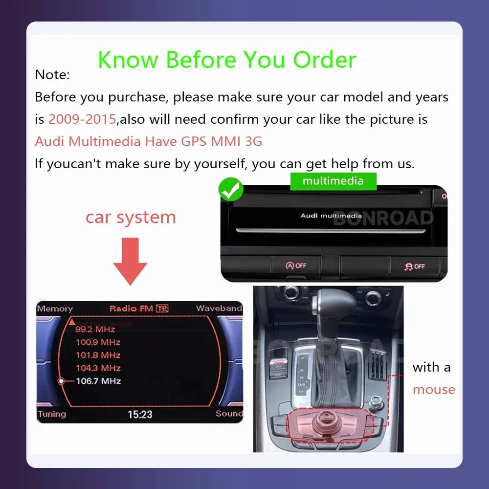 Kit di aggiornamento per sistema Android Auto e CarPlay wireless BONROAD, compatibile con Audi MMI 3G, modelli A4 B8, A5, Q5 (2009-2016), dotato di MirrorLink, Bluetooth, AirPlay e modulo GPS.